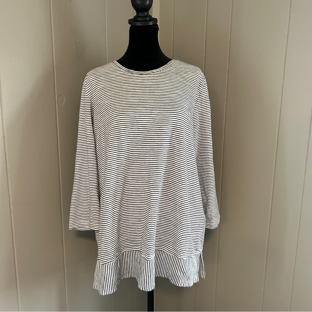 Land’s End Women’s Large Black and White Stripe 100% Cotton Tunic 3/4 Sleeve